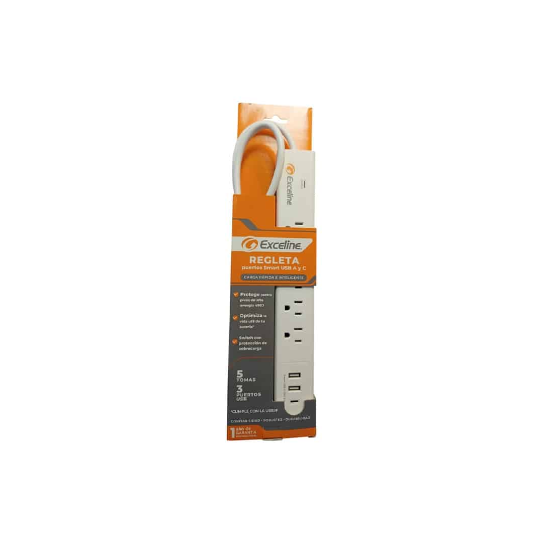 Exceline Regleta Puertos Smart USB A y C GMT-5R3U 5 Tomas, 3 Puertos USB Exceline Regleta Puertos Smart USB A y C GMT-5R3U 5 Tomas, 3 Puertos USB