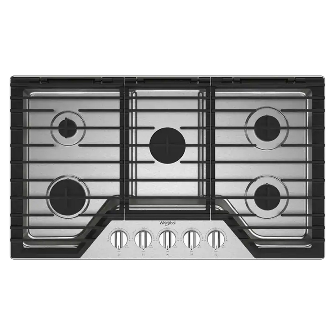 Whirlpool 36 Gas Cooktop with 5 Burners and EZ-2-Lift Hinged Cast-Iron Grates WCGK5036PS Whirlpool 36 Gas Cooktop with 5 Burners and EZ-2-Lift Hinged Cast-Iron Grates WCGK5036PS